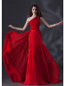 One Shoulder Red Chiffon Corset Back Minimalist Evening Dress